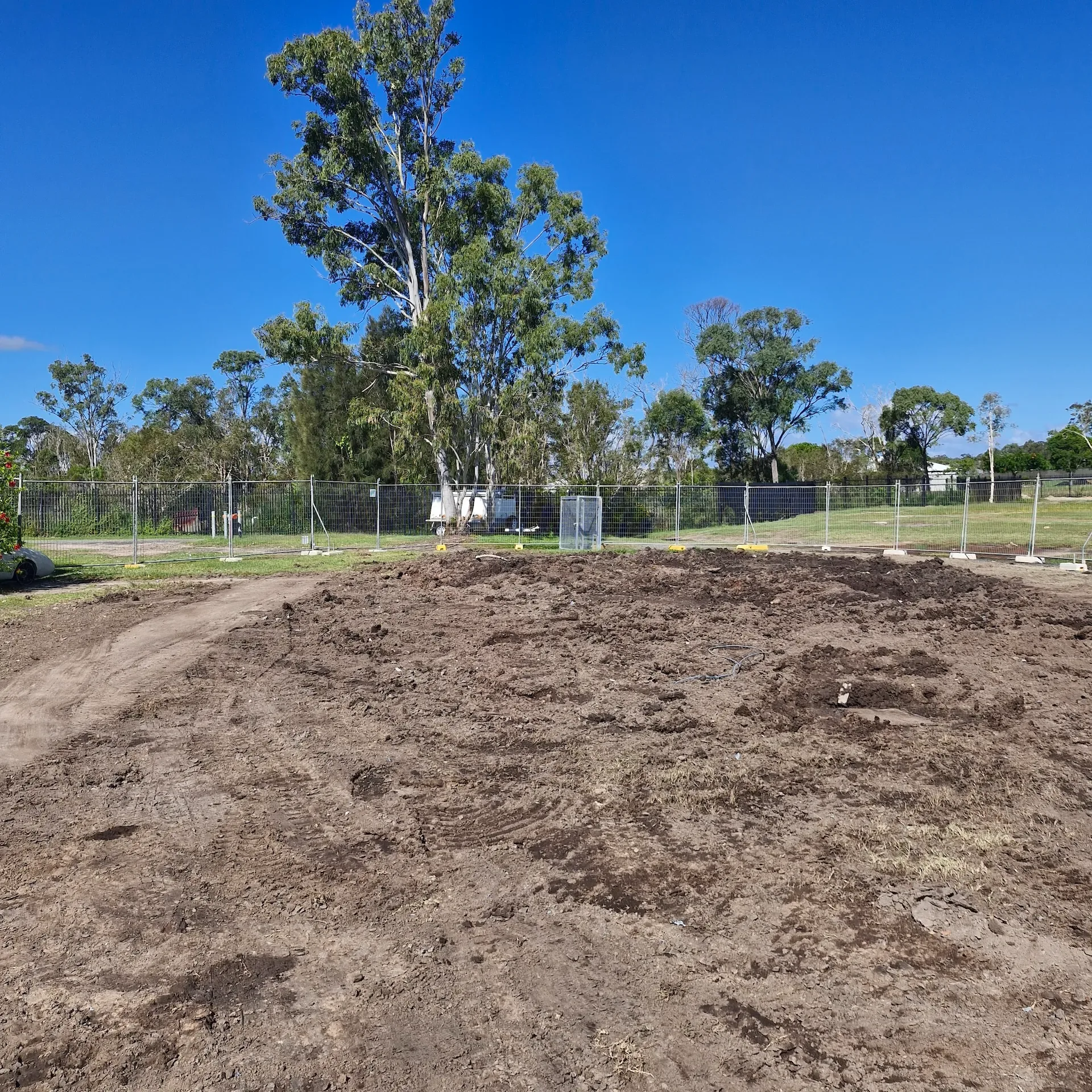 Cleared block with levelled soil and trees along the boundary